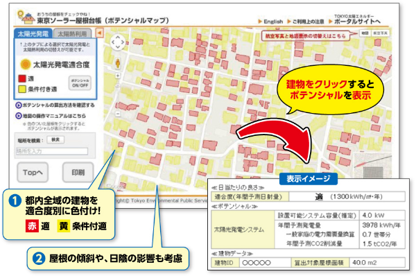 東京ソーラー屋根台帳(ポテンシャルマップ)の表示イメージ